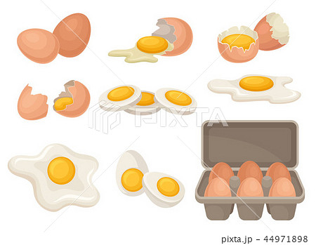 Flat vector set of eggs in different forms raw, boiled and fried. Organic farm product. Cooking 44971898