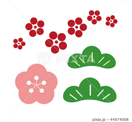 年賀状素材 松葉 梅の花 桜 花の模様 セットのイラスト素材