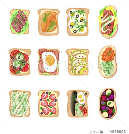 Sandwich breakfast toast set bread slices toasted crust sandwich with butter fried flat cartoon 44976006