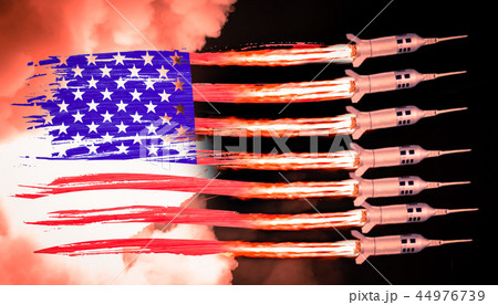 USA flag and missiles launch from the flamed strip USA flag and missiles launch from the flamed strip 44976739