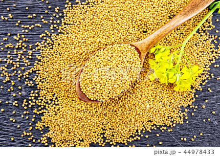 Mustard seeds in spoon with flower on board top 44978433