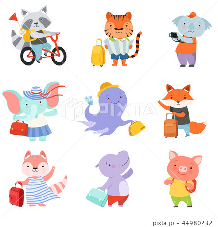 Cute cartoon animals set, raccoon, tiger, coala, elephant, octopus, fox, cat, mouse, piglet 44980232