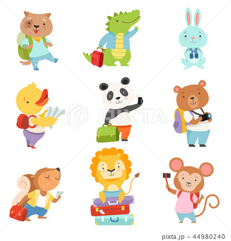 Cute cartoon animals traveling on summer vacation set, dog, crocodile, bunny, duckling, panda, bear 44980240