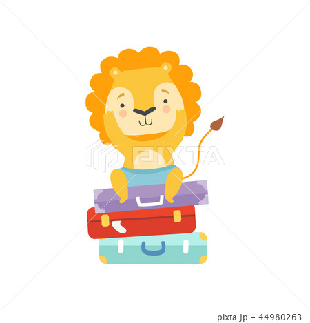 Cute tourist lion sitting on suitcases, animal cartoon character travelling on summer vacation 44980263