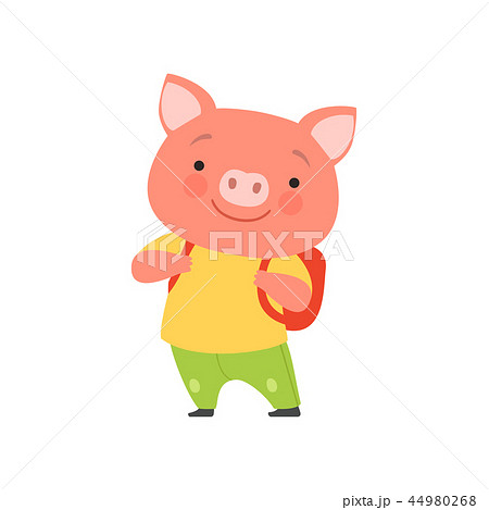 Cheerful tourist pig with backpack, cute animal cartoon character travelling on summer vacation 44980268