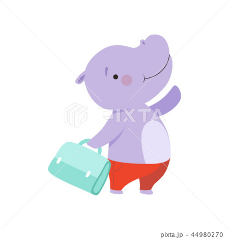 Cheerful tourist hippo with bag, cute animal cartoon character travelling on summer vacation vector Cheerful tourist hippo with bag, cute animal cartoon character travelling on summer vacation vector 44980270