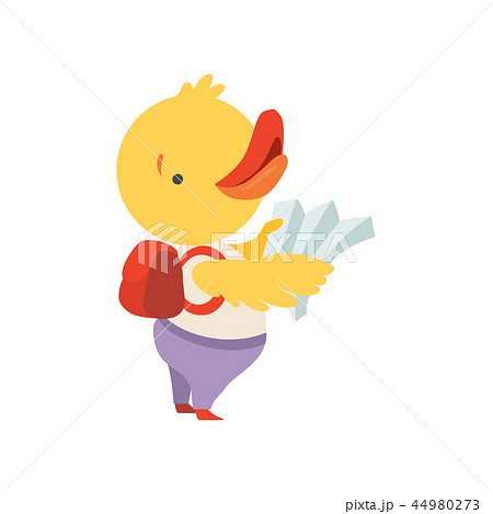 Cheerful tourist duckling with map and backpack, cute animal cartoon character travelling on summer 44980273