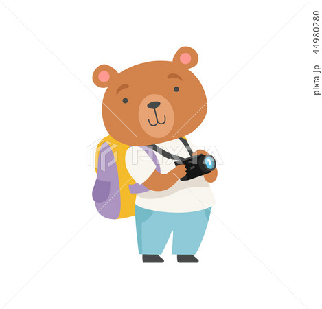 Cheerful tourist bear taking pictures with camera, cute animal cartoon character travelling on 44980280