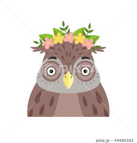 Owl wearing a wreath of flowers, cute cartoon bird character avatar vector Illustration on a white Owl wearing a wreath of flowers, cute cartoon bird character avatar vector Illustration on a white 44980383