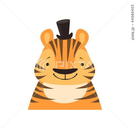 Tiger in a black top hat, funny face, cute cartoon animal character avatar vector Illustration on a 44980405