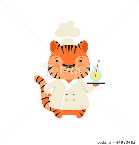 Cute tiger in chef uniform holding delicious drink, cartoon animal character cooking vector 44980482