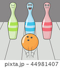 Bowling strike shot. Cartoon skittles with ball 44981407