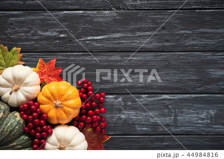 Top view of  Autumn maple leaves with Pumpkin 44984816