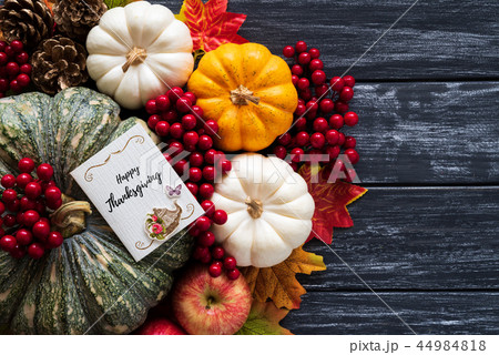 Top view of  Autumn maple leaves with Pumpkin 44984818