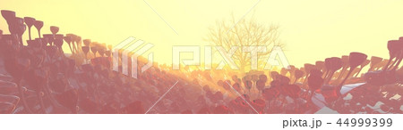 Mountain, fog, mist abstract meadow field full of strange vegetation in form of wine glasses and lit Mountain, fog, mist abstract meadow field full of strange vegetation in form of wine glasses and lit 44999399