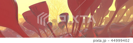 Mountain, fog, mist abstract meadow field full of strange vegetation in form of wine glasses and lit 44999402