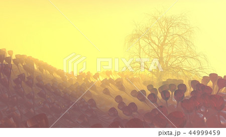 Mountain, fog, mist abstract meadow field full of strange vegetation in form of wine glasses and lit 44999459