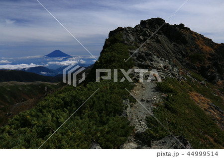 南アルプス塩見岳西峰山頂から東峰越しに 霊峰富士山を望む 南アルプス塩見岳西峰山頂から東峰越しに 霊峰富士山を望む 44999514
