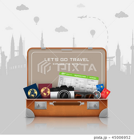 Open suitcase with vacation luggage accessories 45006952