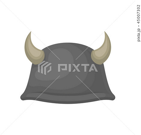 Flat vector icon of gray metal helmet with animal horns. Solid protective headgear. Hard hat for 45007302