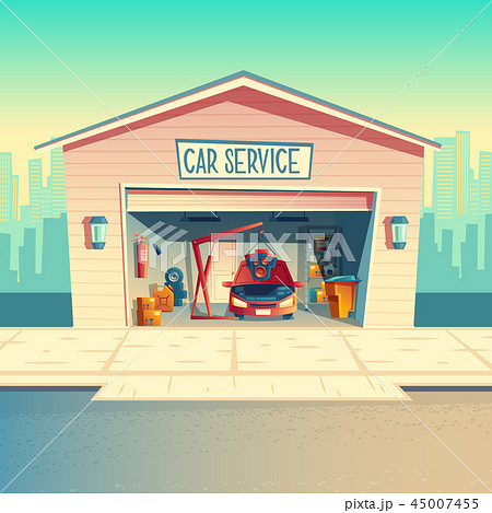 Cartoon Mechanic Workshop With Car Garageのイラスト素材