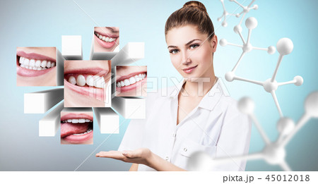 Young dentist doctor presents collage of healthy beautiful smiles. 45012018