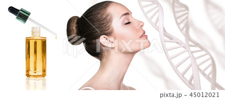 Cosmetic primer oil near beautiful woman with DNA chains. 45012021
