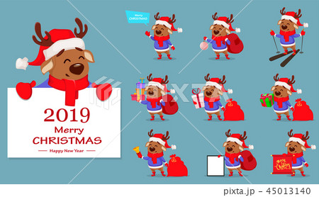 Cute deer wearing Santa Claus hat and scarf Cute deer wearing Santa Claus hat and scarf 45013140