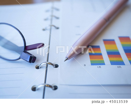 ビジネスイメージ・グラフ・手帳・メガネ・女性 45013539