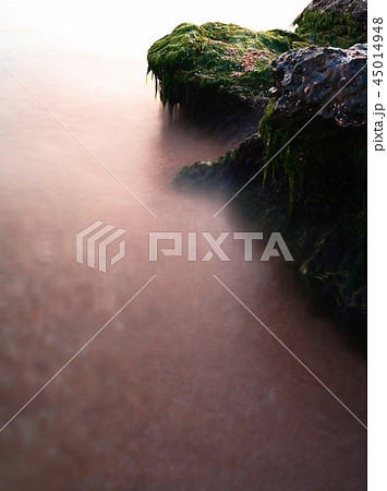 Coastal ocks covered with green sea weed and a lot of copyspace on defocused water surface looks Coastal ocks covered with green sea weed and a lot of copyspace on defocused water surface looks 45014948