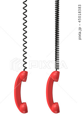 3d rendering of two red retro phone receivers hanging vertically from black cords on a white 45018383