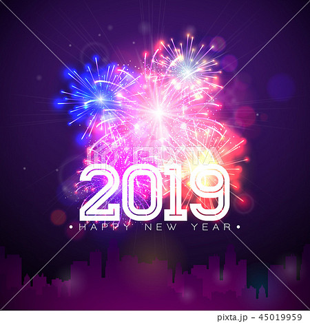 2019 Happy New Year illustration with fireworks and number on dark background. Holiday design for 2019 Happy New Year illustration with fireworks and number on dark background. Holiday design for 45019959