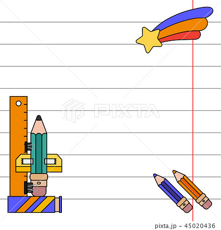 Color invitation postcard, gift tags. School notebook sheet, pencil. Imagination, office supplies 45020436