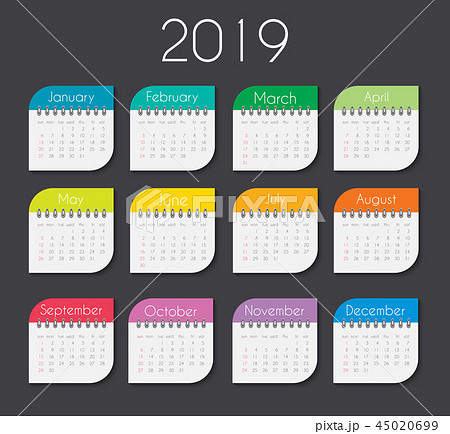 Colorful year 2019 calendar template. Vector Illustration 45020699