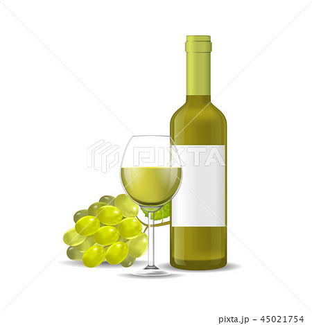 Realistic Detailed 3d Wine Bottle, Bunch Of Grapes and Wineglass. Vector 45021754