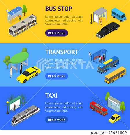 Different Types City Public Transport 3d Banner Horizontal Set Isometric View. Vector 45021809