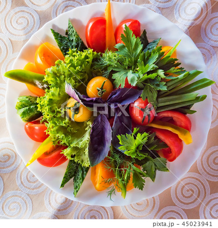 Top view plate with assorted fresh vegetables Top view plate with assorted fresh vegetables 45023941