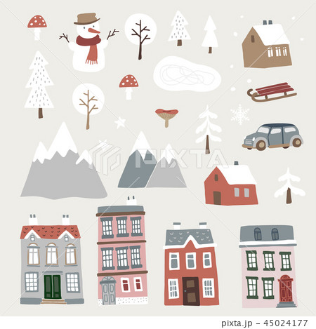 Set of cute Christmas landscape, town and village icons. Hand drawn houses, mountains, snowman and 45024177