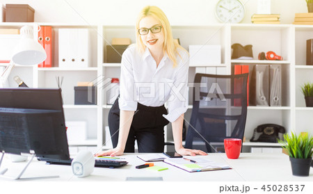 A young girl standing in the office at the computer table. 45028537