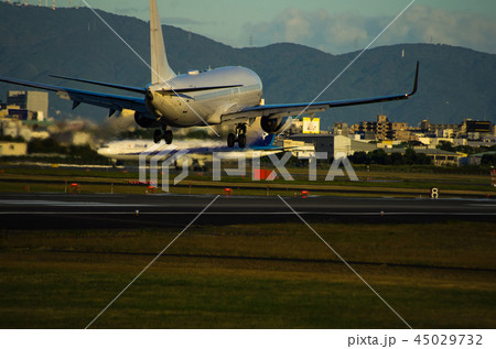 伊丹空港・夕暮れの逆風着陸するジェット旅客機 45029732