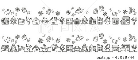 デフォルメした家と木の並び 手書風線画のみ クリスマスバージョンのイラスト素材