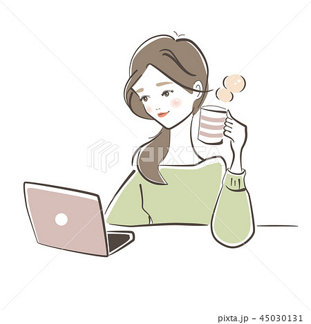 コーヒーを飲みながらパソコンを見る女性のイラスト素材