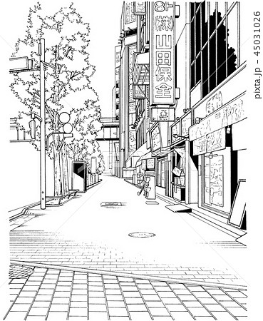 漫画風ペン画イラスト 繁華街のイラスト素材