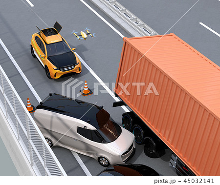 高速道路の交通事故を調査するために駆け付けたレスキューSUVから飛び立つドローン 高速道路の交通事故を調査するために駆け付けたレスキューSUVから飛び立つドローン 45032141