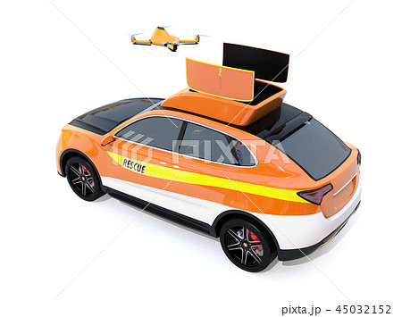 白バックに災害救助SUVから離着陸している捜索ドローンのコンセプトイメージ 白バックに災害救助SUVから離着陸している捜索ドローンのコンセプトイメージ 45032152