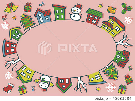 デフォルメした家と木の楕円サークル 線画着色あり ピンク背景のクリスマスバージョンのイラスト素材