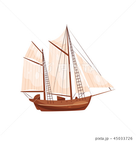 Old wooden ship with big beige sails. Sailing vessel. Sea craft. Flat vector element for poster or 45033726