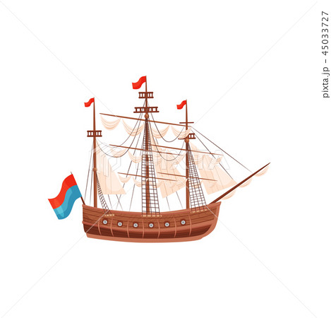 Wooden ship with beige sails and bright flags. Marine vessel. Sea and ocean theme. Flat vector 45033727