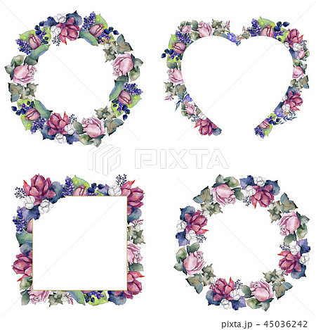Watercolor colorful bouquet of mix flowers. Floral botanical flower. Frame border ornament square. 45036242