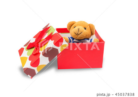 Teddy bear in gift box,isolated on white Teddy bear in gift box,isolated on white 45037838